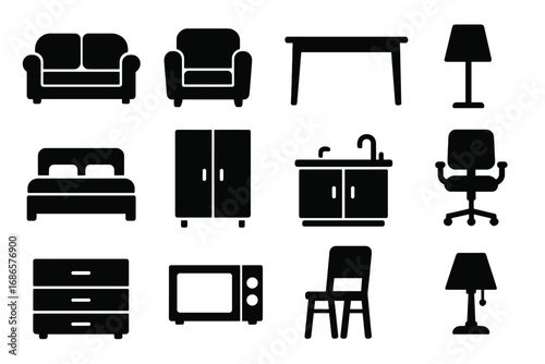 Furniture and household items icon set. Minimalist black silhouette vector pictograms. Home interior design elements. Sofa, chair, bed, lamp, and office furniture glyphs.