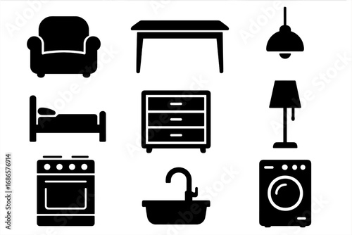 Furniture and household items icons set. Minimalist black silhouette vector graphic. Home interior design elements, room decor symbols, kitchen appliances. Isolated collection.