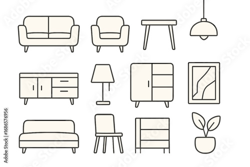 Minimalist furniture icon set for modern interior design. Vector line art illustration of home decor elements. Living room objects collection with sofa, chair, lamp, and plant.
