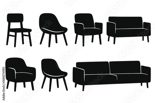 Furniture silhouette set. Minimalist chairs, armchairs and sofas collection. Vector graphic icon for interior design. Modern simple couch and seat illustrations isolated.