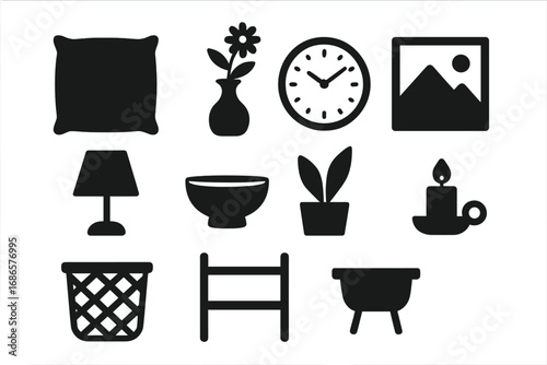 Home decor icon set. Minimalist black silhouette collection of furniture and interior elements. Vector glyphs for web and print. Pillow, lamp, clock, plant, candle, vase.