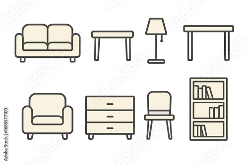 Minimalist home furniture icon set. Vector line art illustration for interior design. Includes sofa, chair, table, lamp, bookcase, and dresser. Simple modern decor elements.