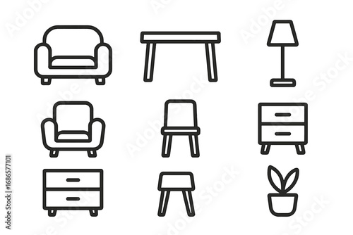 Minimalist home furniture line icons set. Vector collection of interior design elements. Sofa, armchair, table, chair, lamp, and plant symbols for web and print design.