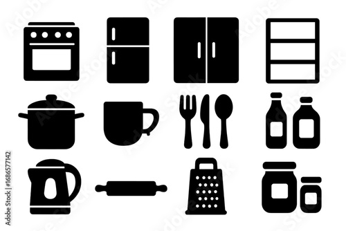 Minimalist kitchen and pantry icon set. Vector silhouettes for cooking & food concepts. Includes stove, fridge, pot, kettle, cutlery. Home appliance and cookware graphic elements.