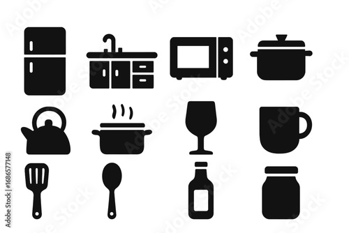 Minimalist kitchen and pantry icon set. Black silhouette vector graphics of cooking utensils, food appliances, and cookware. Isolated symbols for culinary and gastronomy design.