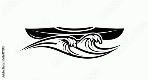 Minimalist black and white graphic of a kayak on waves.
