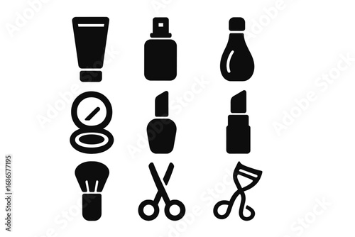 Cosmetics icon set. Black silhouette vector graphic collection of beauty and makeup products and tools. Minimalist symbols of lipstick, nail polish, powder, brush, scissors.