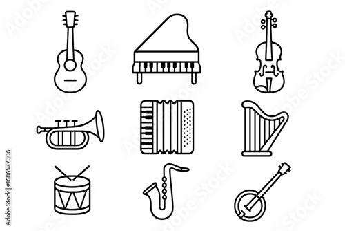 Musical instruments outline icon set. Vector collection of classic and traditional music symbols. Includes guitar, piano, violin, trumpet, sax, drum, banjo, harp, accordion.