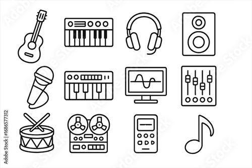 Music production line icon set. Vector symbols for audio recording studio and sound design. Includes guitar, synth, mic, headphones, mixer, drum. Beat making & podcast icons.