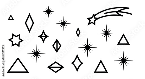 Collection of star shapes, triangles, and diamonds in a scattered pattern