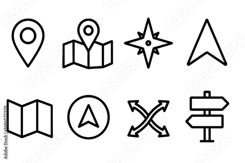 Navigation map outline icon set. GPS location pin, direction, pointer, route. Vector travel icons for digital use. Web and mobile app UI, UX design symbol. Journey, destination.
