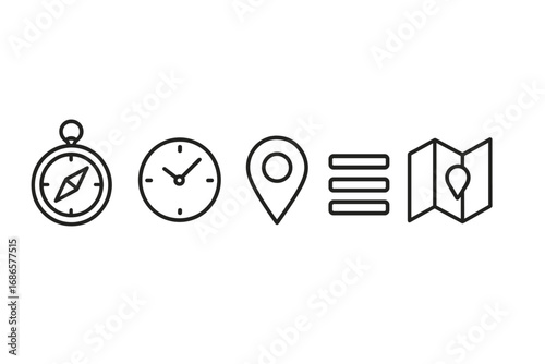 Navigation and location line icon set. Compass, clock, map, pin, and menu outline symbols. Vector graphic for travel, direction, route, GPS, UI, and website design.