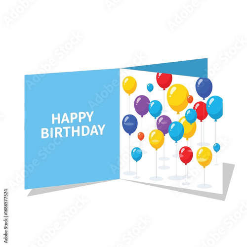 A blue birthday card opens to reveal a vibrant explosion of colorful balloons floating upwards.