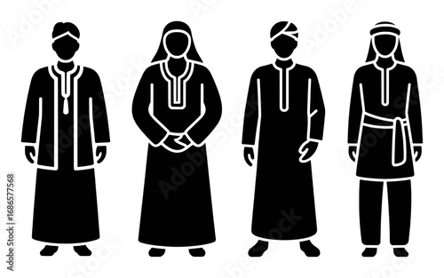 Diverse Middle Eastern Traditional Attire: Men and Women in Islamic Clothing