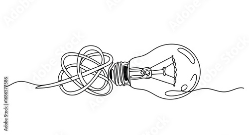 Line art drawing of a light bulb with a tangled cord