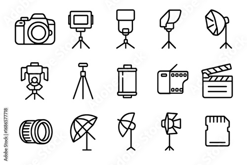 Photography and film equipment line icon set. Studio gear for video production. Vector outline symbols collection of camera, lens, light, tripod, and film making tools.