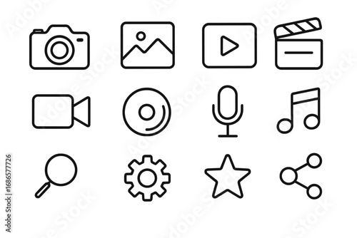 Media and web interface line icon set. Multimedia pictograms collection. Photography, video, audio, and UI symbols. Thin line vector illustration for app and website design.