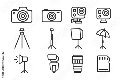 Photography equipment line icon set. Vector collection of photo and video gear symbols. Camera, lens, tripod, flash, lighting, action cam and memory card outline pictograms.