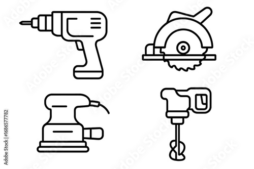 Power tools outline icon set. Collection of vector symbols for construction and repair. Includes drill, circular saw, sander, and mixer for carpentry and home improvement.