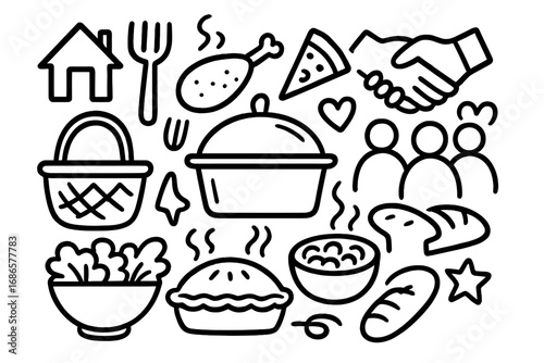 Potluck doodle icon set. Hand-drawn vector illustration of community food sharing. Charity event, party meal, and volunteer concepts. Line art symbols for a friendly gathering.