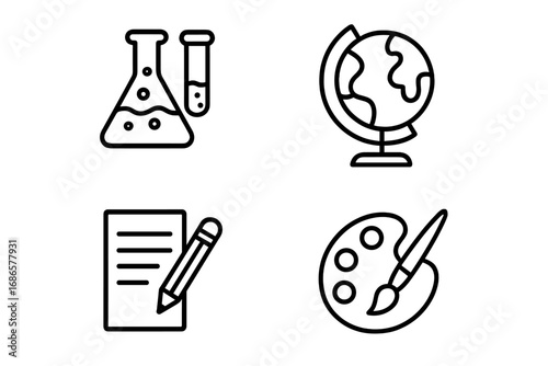 Education and school subjects outline icon set. Vector collection of chemistry, geography, art, and writing symbols. Science, learning, and creative concept icons isolated.