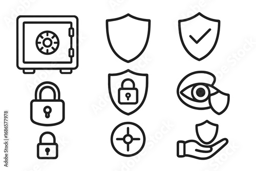 Security and protection line icon set. Outline vector collection of safe, shield, and padlock symbols. Concepts for safety, privacy, data defense, secure transaction, guarantee.