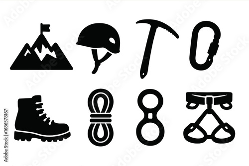 Mountain climbing gear silhouette icon set. Vector collection of mountaineering equipment for outdoor adventure & alpinism. Includes helmet, ice axe, carabiner, boot, rope, harness.
