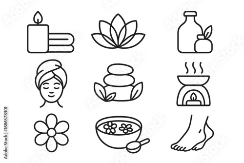 Spa essentials line icon set. Symbols for wellness, relaxation, meditation. Vector pack for massage, aromatherapy, beauty, skin care, zen, harmony, salon, cosmetics.