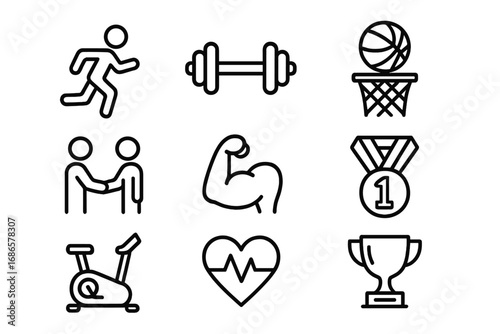 Sports and fitness line icon set. Exercise, teamwork, scoring vector collection. Gym workout, health, cardio, running, basketball, winner, strength and trophy icons.