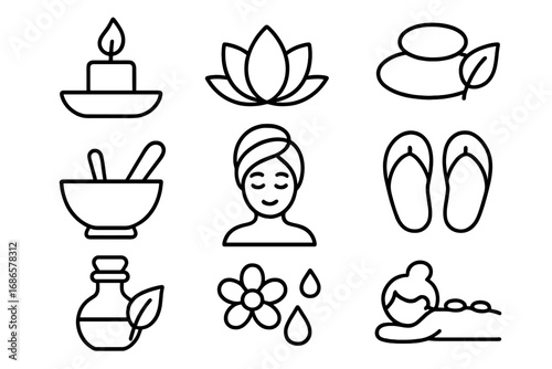 Spa essentials outline icon set. Vector linear symbols for relaxation, wellness, massage, beauty treatment, and hot stone therapy. Zen self-care and aromatherapy concept.