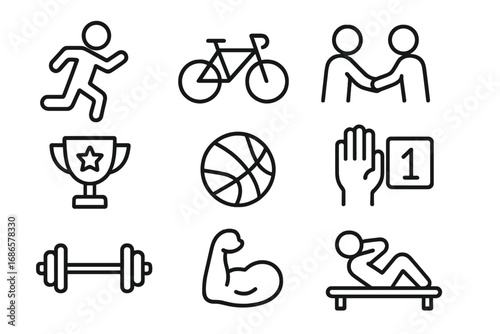 Sports and fitness line icon set. Exercise, teamwork, scoring thin line icons. Vector illustration of running, cycling, trophy, basketball, dumbbell, strength, workout, gym.