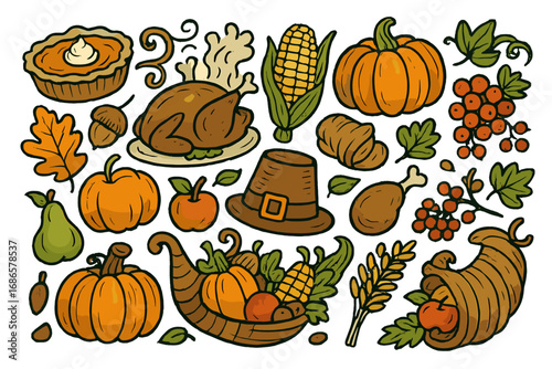 Thanksgiving doodle art set. Vector cartoon illustration with holiday feast elements and harvest symbols like pumpkin, turkey, cornucopia, and pie. Autumn fall collection.