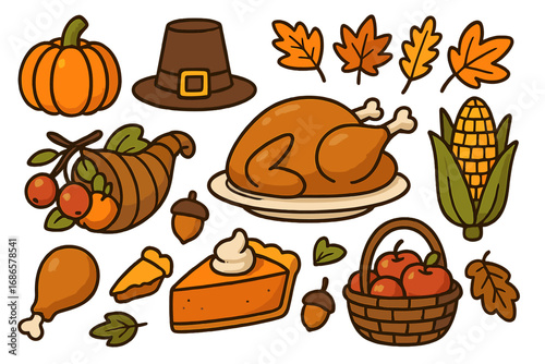 Thanksgiving dinner food set. Cartoon vector illustration collection. Turkey, pumpkin pie, cornucopia, pilgrim hat icons. Autumn holiday harvest symbols. Fall doodle elements.
