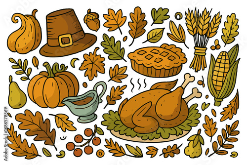 Thanksgiving holiday feast doodle set. Vector cartoon illustration of turkey, pumpkin pie, pilgrim hat, and autumn harvest symbols. Isolated fall food icon collection.