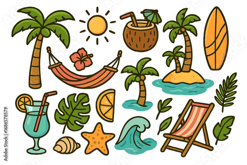 Tropical summer vacation doodle set. Vector cartoon collection of hand-drawn beach elements. Palm tree, island, sun, surfboard, cocktail and hammock for a relaxing holiday.