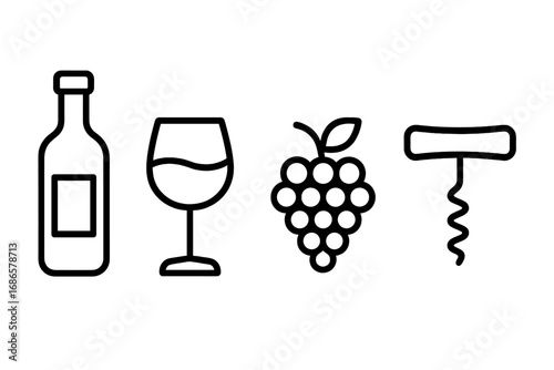 Simple outline icons for wine. Linear pictograms of bottle, glass, grapes, and corkscrew. Minimal vector symbols for bar, restaurant menu, or winery branding. Alcohol concept.