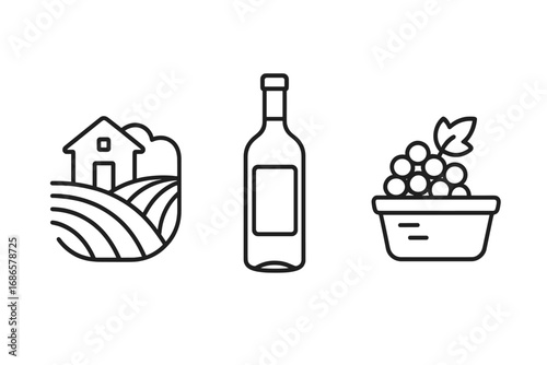 Wine production outline icon set. Vineyard, grape harvest, and bottle linear icons. Vector graphic for winemaking, viticulture, agriculture, and oenology concepts.
