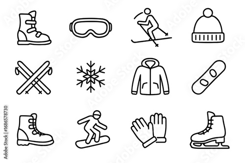Winter sports outline icon set. Skiing, snowboarding, ice skating pictogram collection. Essential outdoor gear and equipment symbols. Line art vector for cold weather activity.