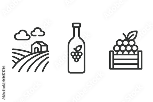 Wine production outline icon set. Vineyard landscape, grape harvest crate, and wine bottle linear icons. Winery, winemaking, and viticulture concept vector symbols.
