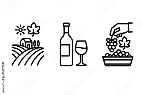 Wine production outline icon set. Winemaking process from vineyard to bottle. Grape harvest, viticulture, and oenology concept. Linear vector illustration for winery or wine list.