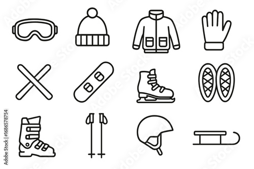 Winter sports linear icon set. Essential outdoor gear for skiing, snowboarding, ice skating. Vector outline symbols collection with sled, helmet, skis, jacket, and boots.
