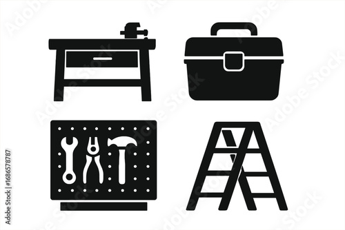 Set of workshop and construction tool icons. Black vector silhouettes of a workbench, toolbox, pegboard with handyman tools, and a stepladder. Isolated graphic elements for DIY.