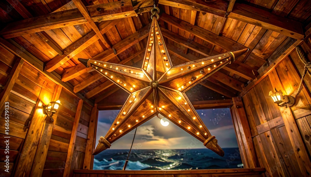Obraz premium Illuminated star hangs in wooden structure, ocean view