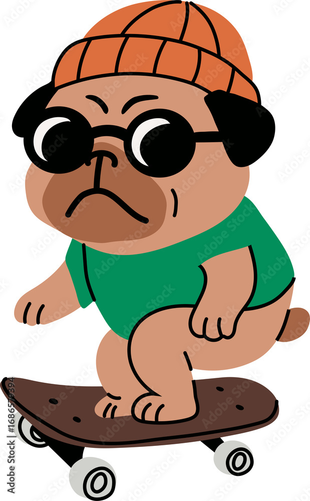 Obraz premium Cartoon pug dog wearing beanie and sunglasses riding skateboard