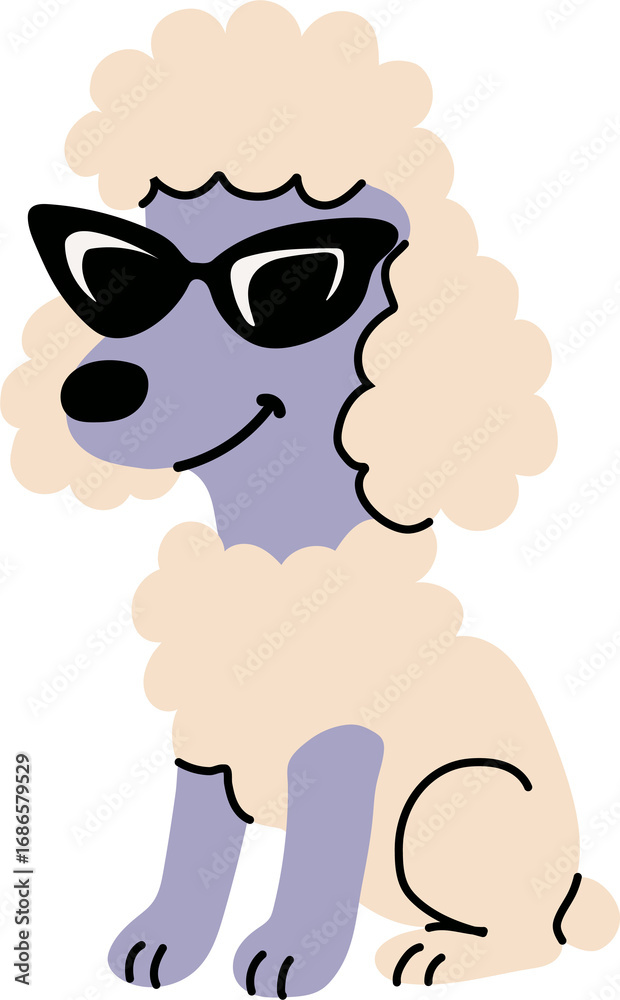 Naklejka premium Cartoon poodle dog with purple fur wearing stylish sunglasses