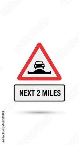 Road Hump Warning Sign with Next 2 Miles Text.