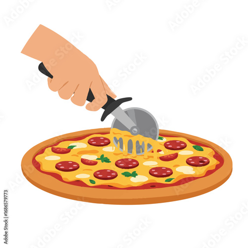 A hand with a pizza cutter slicing a large, circular pizza generously covered in melted cheese and various toppings, presented in a simplified 2D flat vector style on a clean white background.
