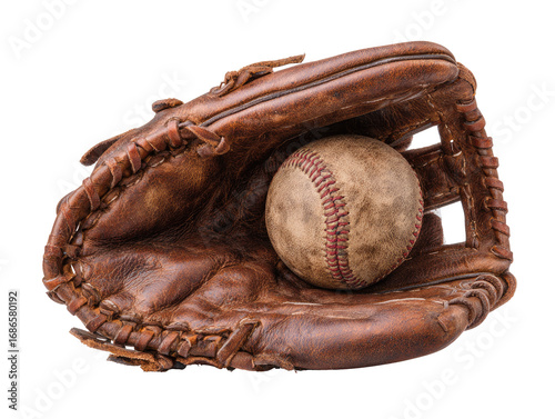 Worn leather baseball glove and ball