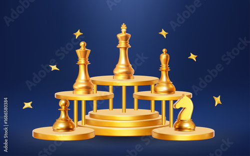 3d golden podium with chess piece king, queen, bishop,knight, pawn and stars. Stock vector illustration on blue isolated background.