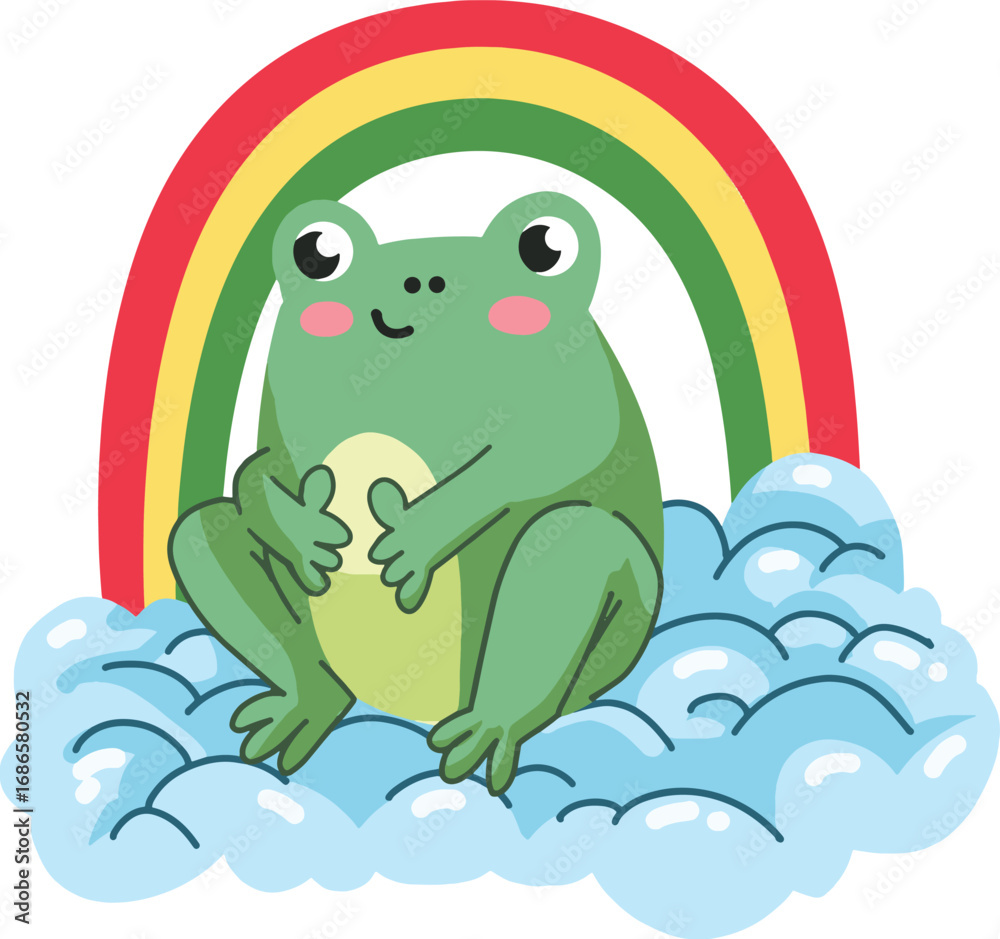 Naklejka premium Cute Frog Sitting on a Cloud with a Rainbow